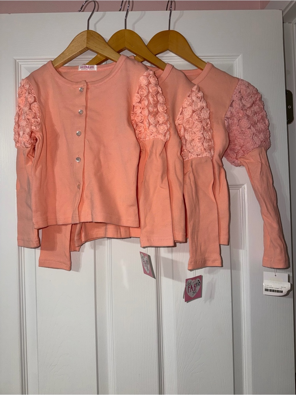 NWT Just FAB Girls Peach Rosette Shoulder Cardigan Ribbed Pearl Buttons